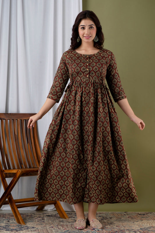 Ethnic Motifs Printed Maternity Cotton Fit and Flare Midi Dress