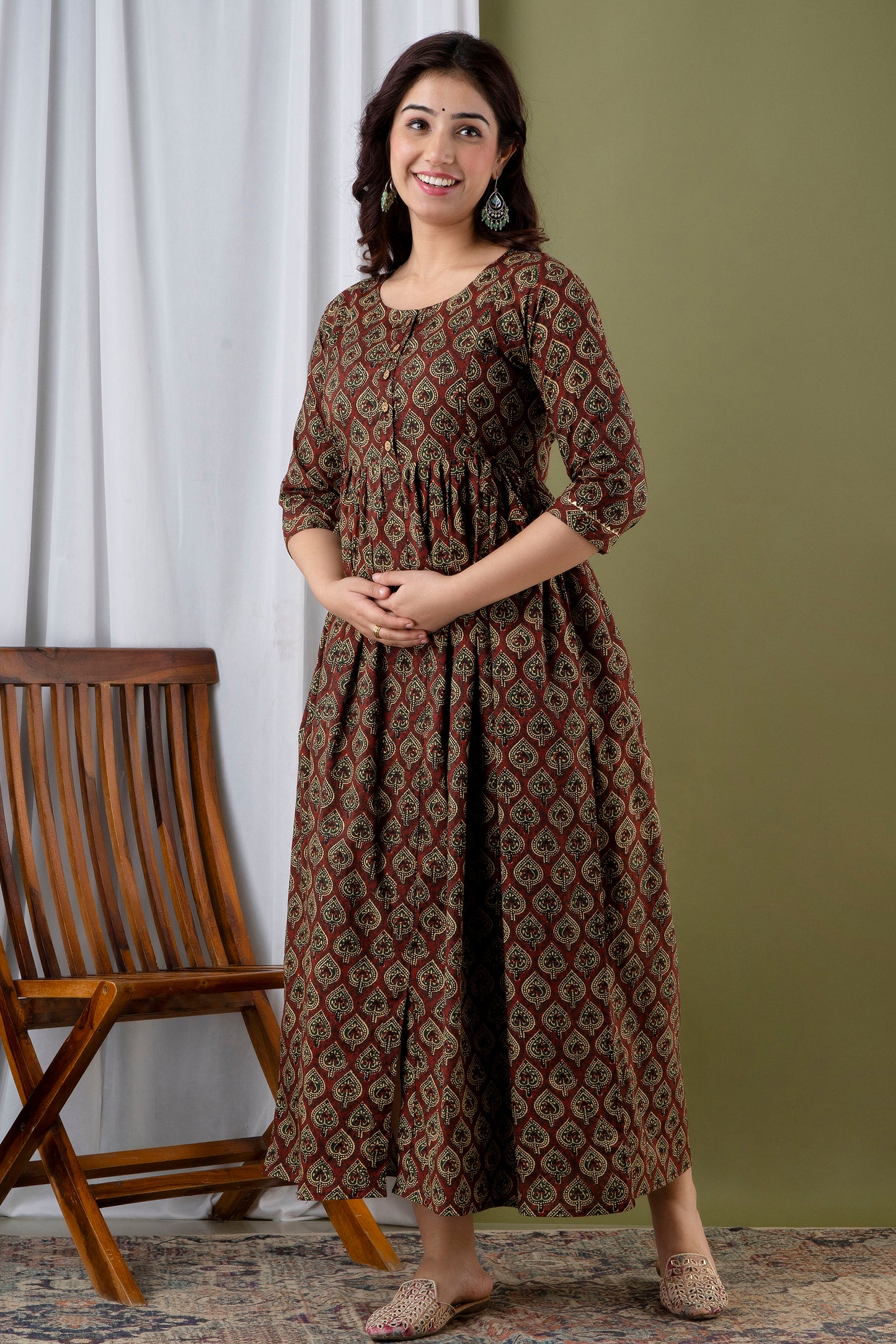 Ethnic Motifs Printed Maternity Cotton Fit and Flare Midi Dress