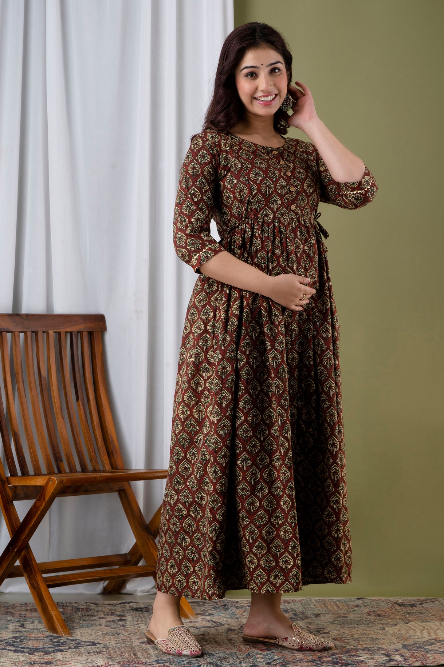 Ethnic Motifs Printed Maternity Cotton Fit and Flare Midi Dress