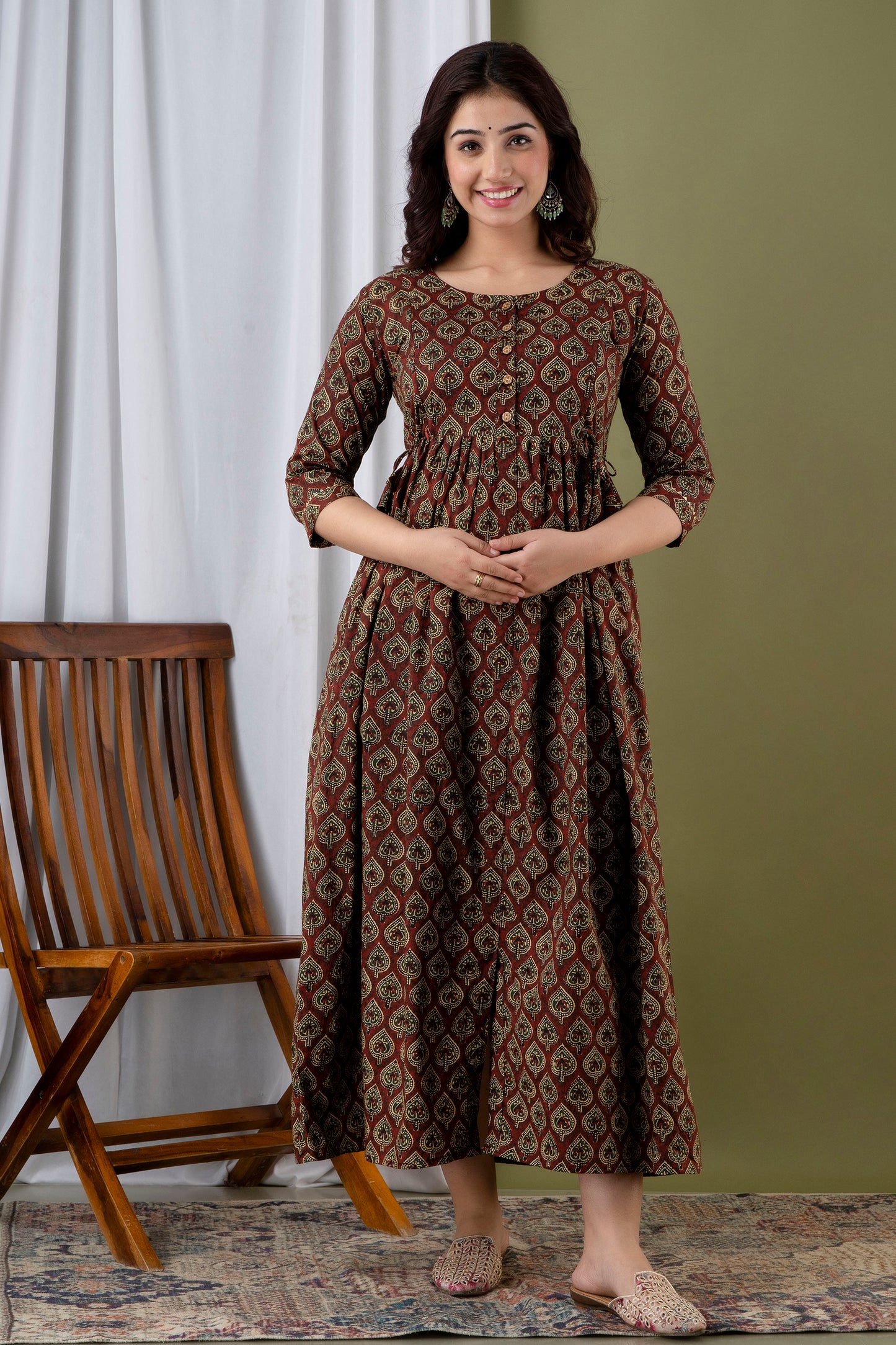 Ethnic Motifs Printed Maternity Cotton Fit and Flare Midi Dress