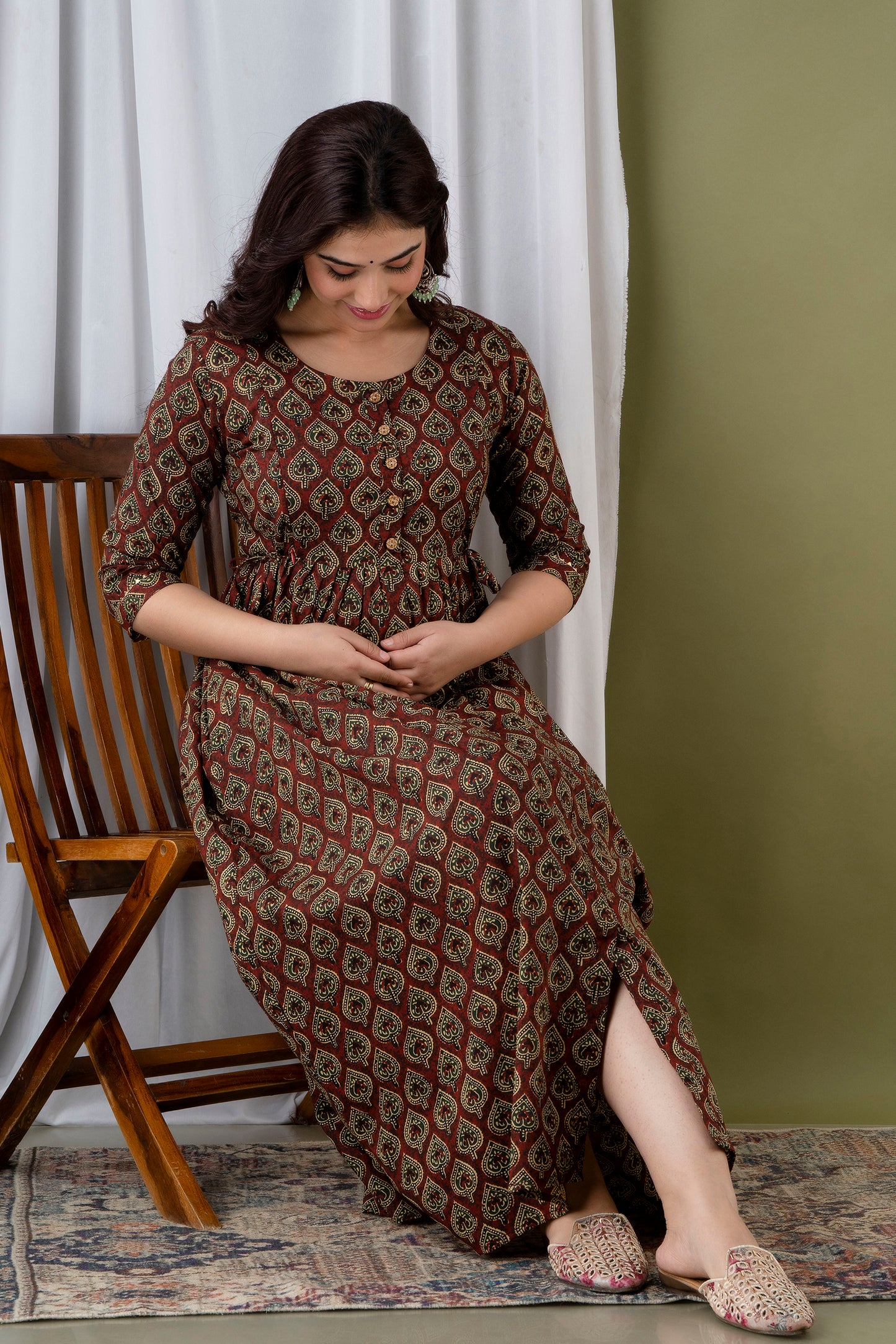 Ethnic Motifs Printed Maternity Cotton Fit and Flare Midi Dress